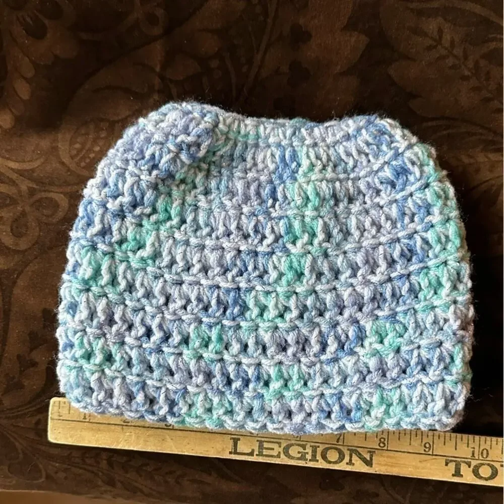 Ponytail hole crochet hat Silver tinsel pastel and white handmade acrylic